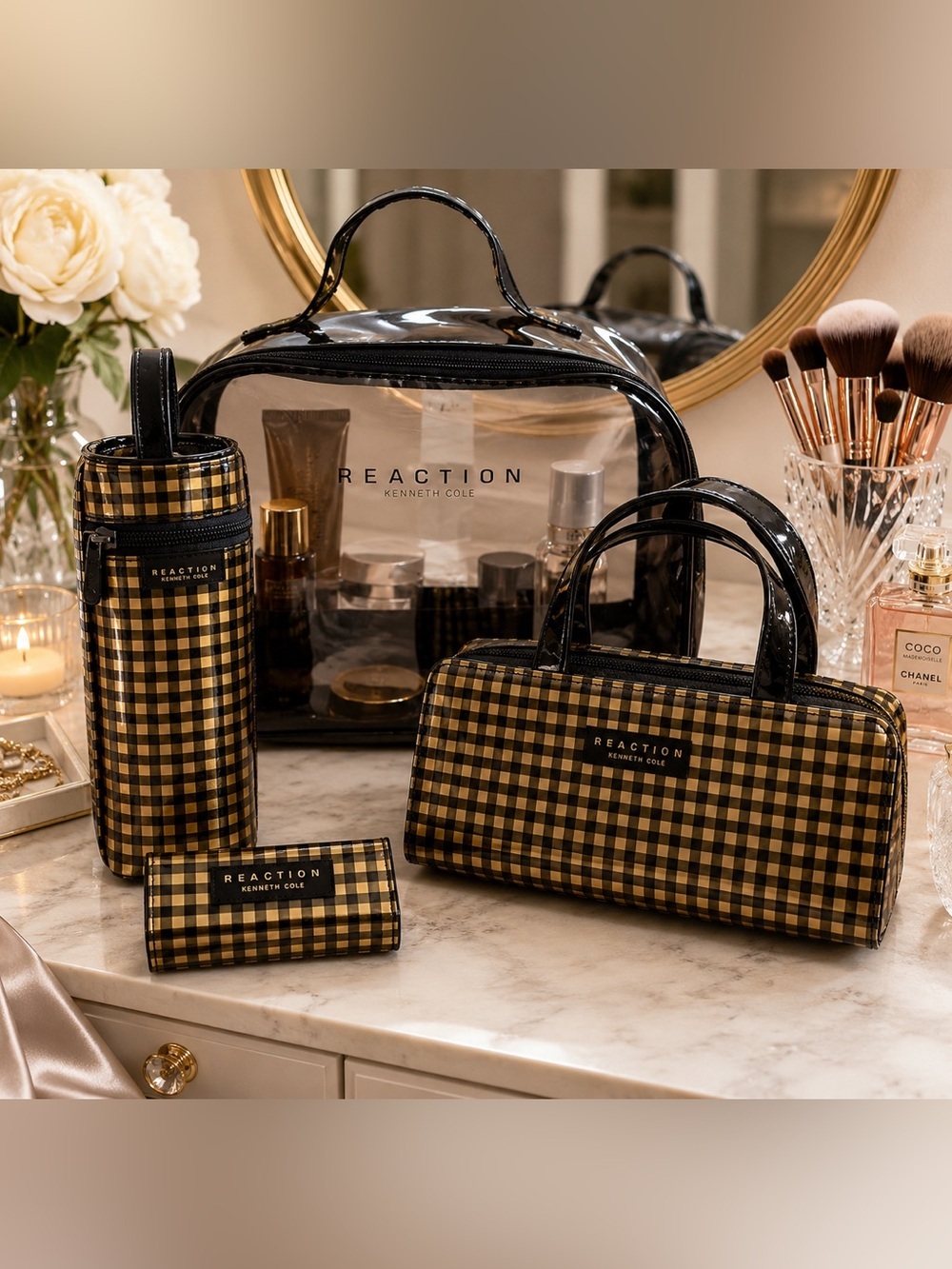Kenneth Cole Reaction Cosmetic Travel Bag Set | Gingham Plaid  Organizer